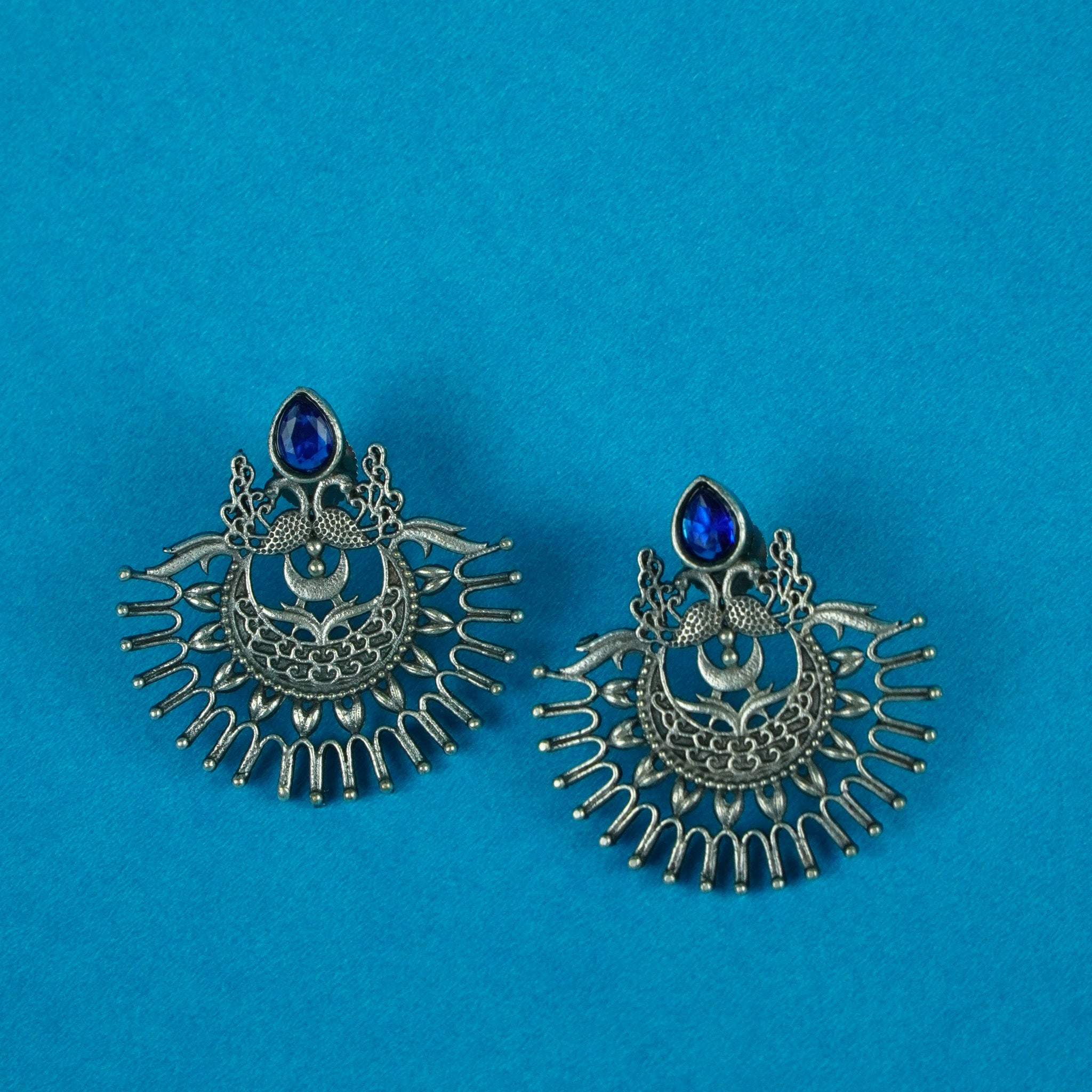 Blue Stone Silver Chandbali Earrings