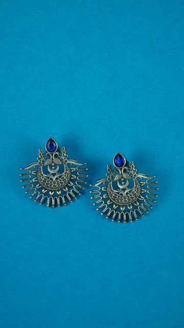 Blue Stone Silver Chandbali Earrings