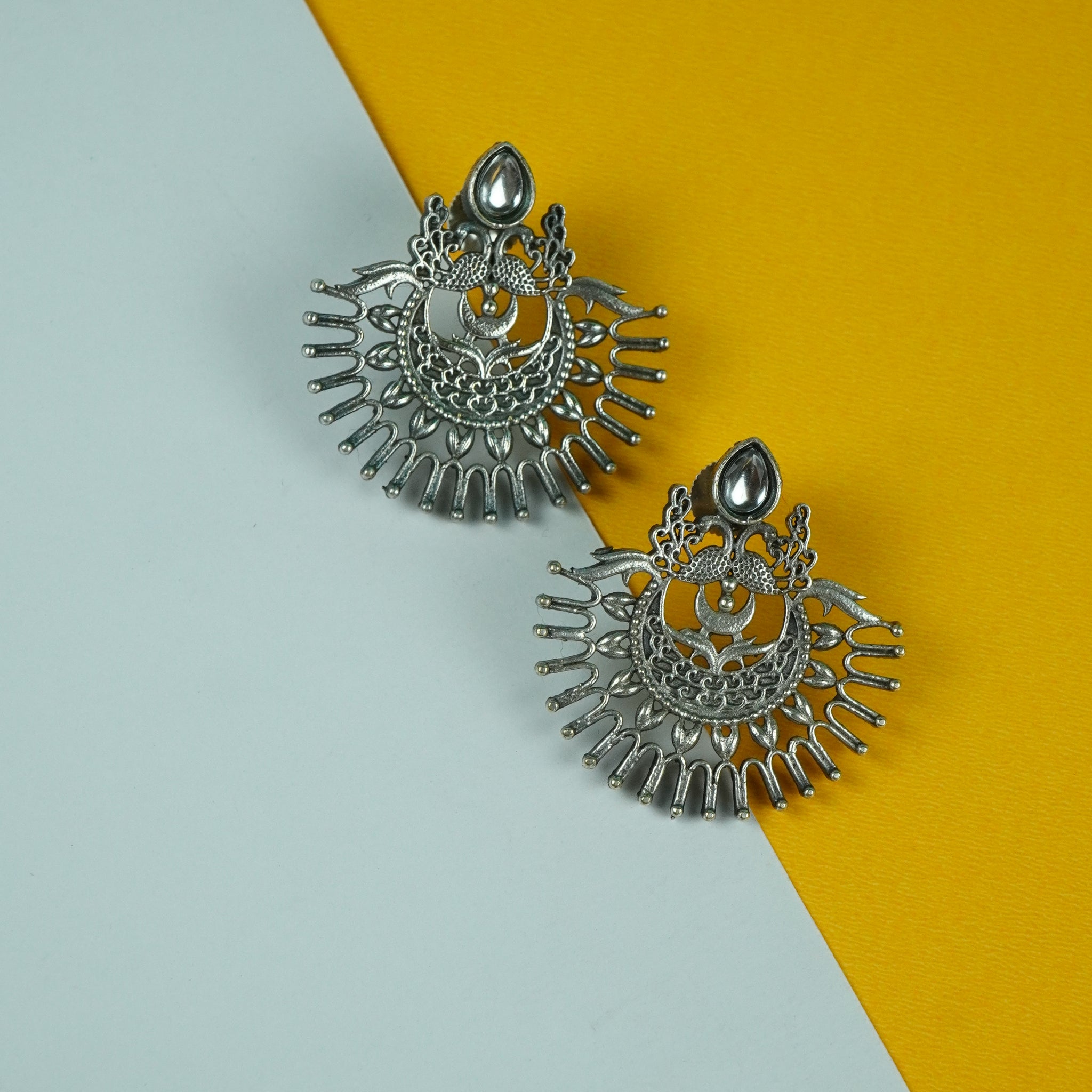 Traditional Silver Crescent Earrings with Pearl Drop