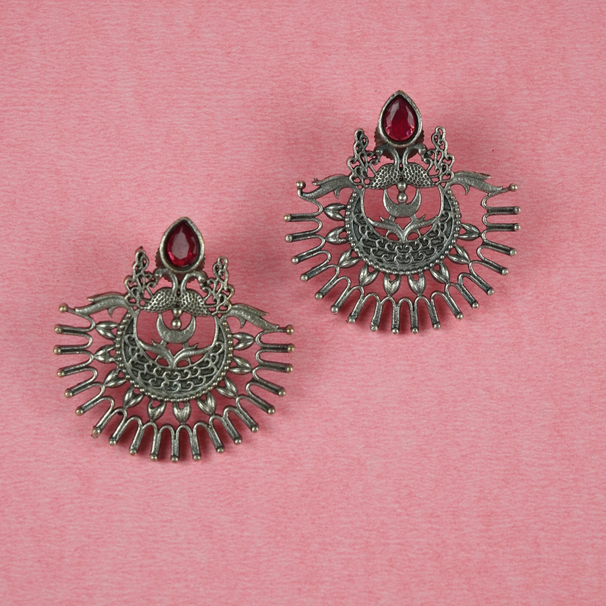 Oxidized Silver Fan-Shaped Earrings with Red Stone