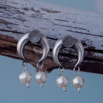 Crescent Moon Pearl Drop Earrings