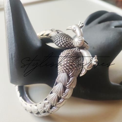 Peacock-Inspired Silver Bangle Bracelet