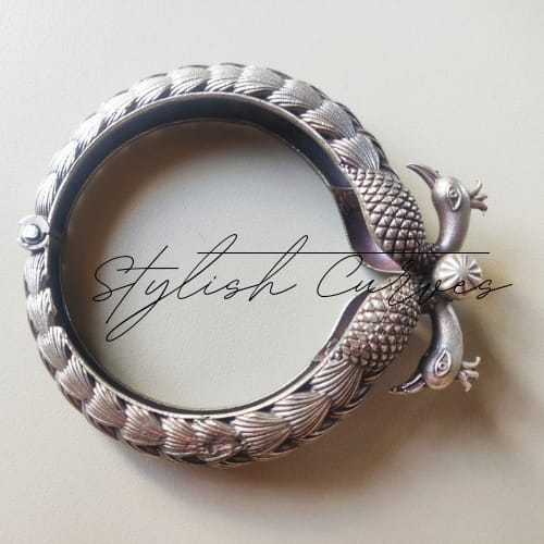 Peacock-Inspired Silver Bangle Bracelet