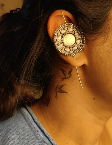 Vintage Circular Silver Ear Cuff with Beaded Design