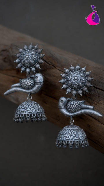 Silver Ornate Bird Jhumka Earrings